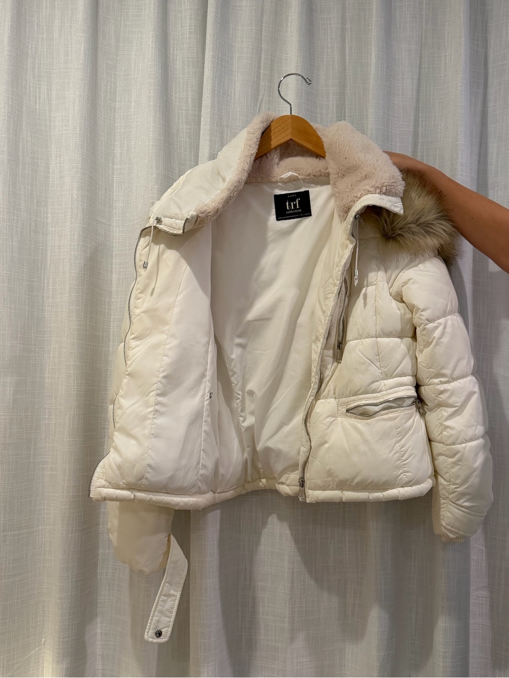 Zara Off-White Puffer Jacket with Faux Fur Trim